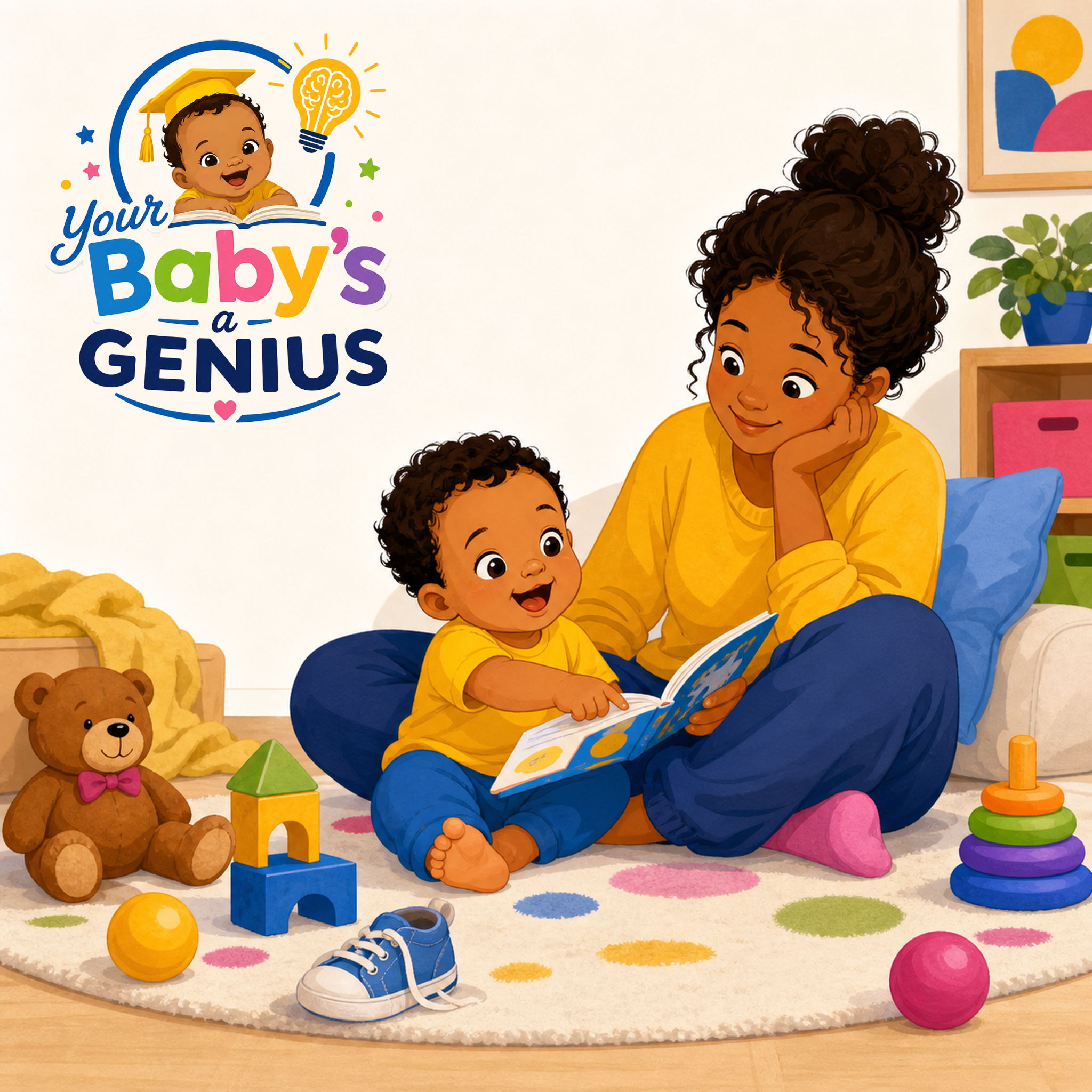 A caregiver and child sharing a book and simple learning materials