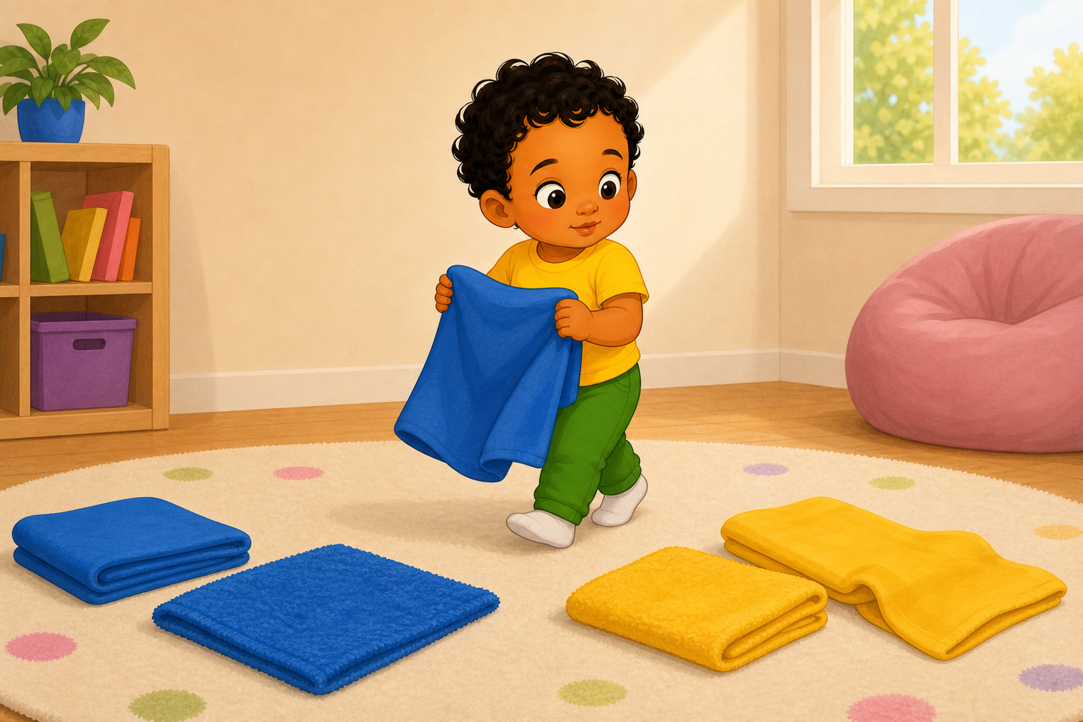 A toddler learning through hands-on sorting and participation.